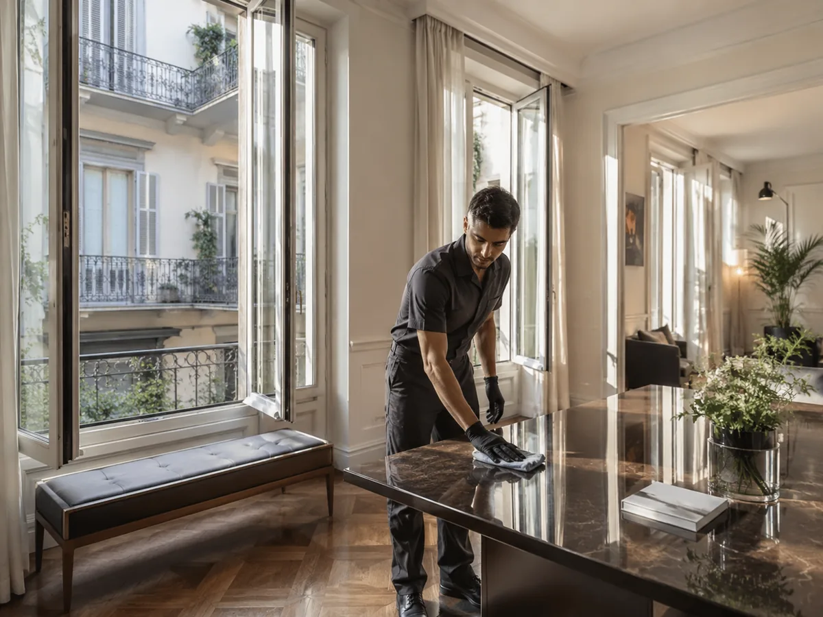 Addetto alle pulizie al lavoro in un ufficio luminoso a Milano, con pavimenti puliti e ambienti in ordine